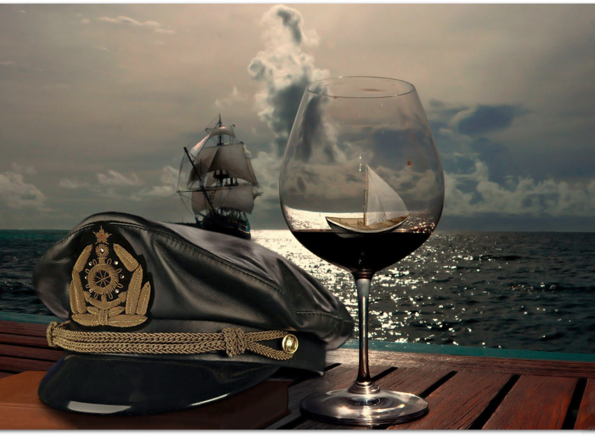Fondo de pantalla Ships In Sea And In Wine Glass 1920x1408