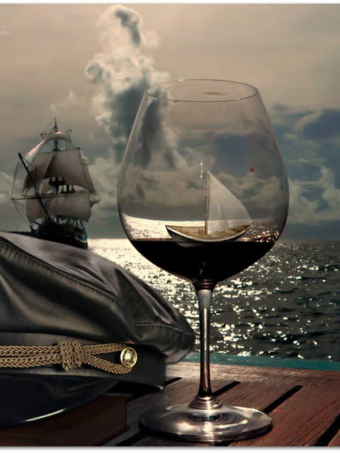 Fondo de pantalla Ships In Sea And In Wine Glass 480x640