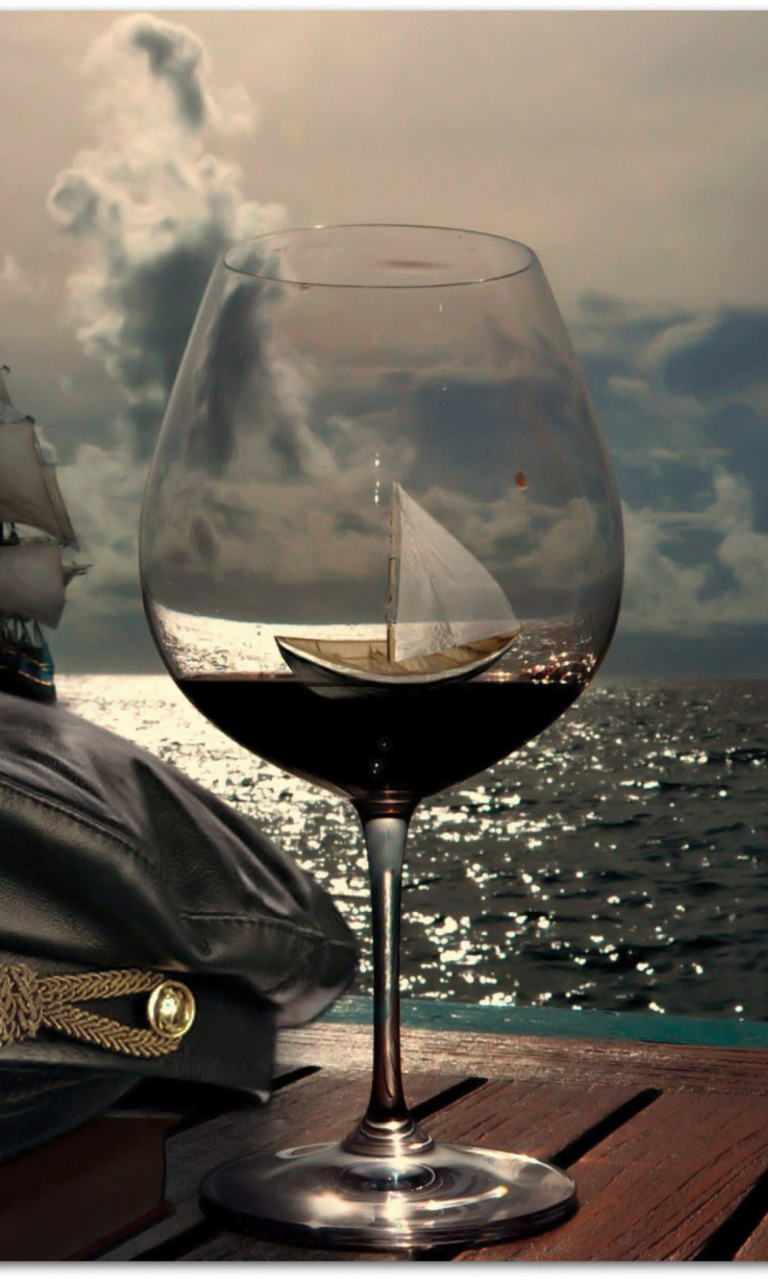 Ships In Sea And In Wine Glass wallpaper 768x1280