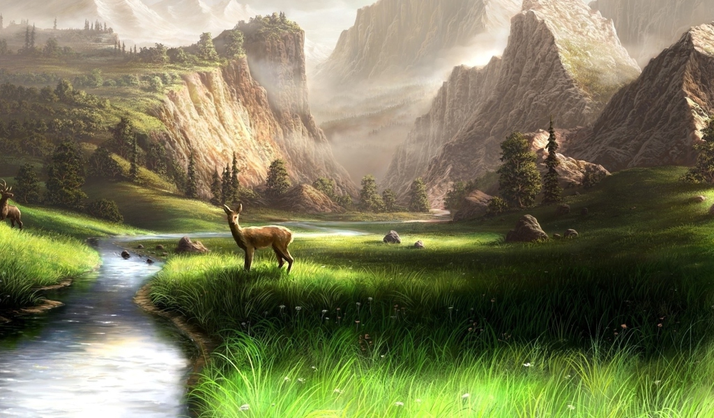 Das Deer At Mountain River Wallpaper 1024x600