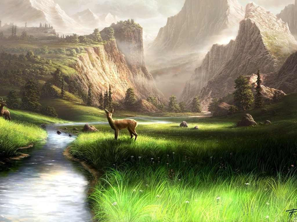 Das Deer At Mountain River Wallpaper 1024x768
