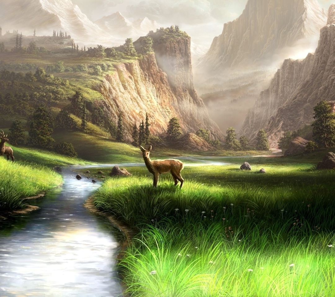Das Deer At Mountain River Wallpaper 1080x960