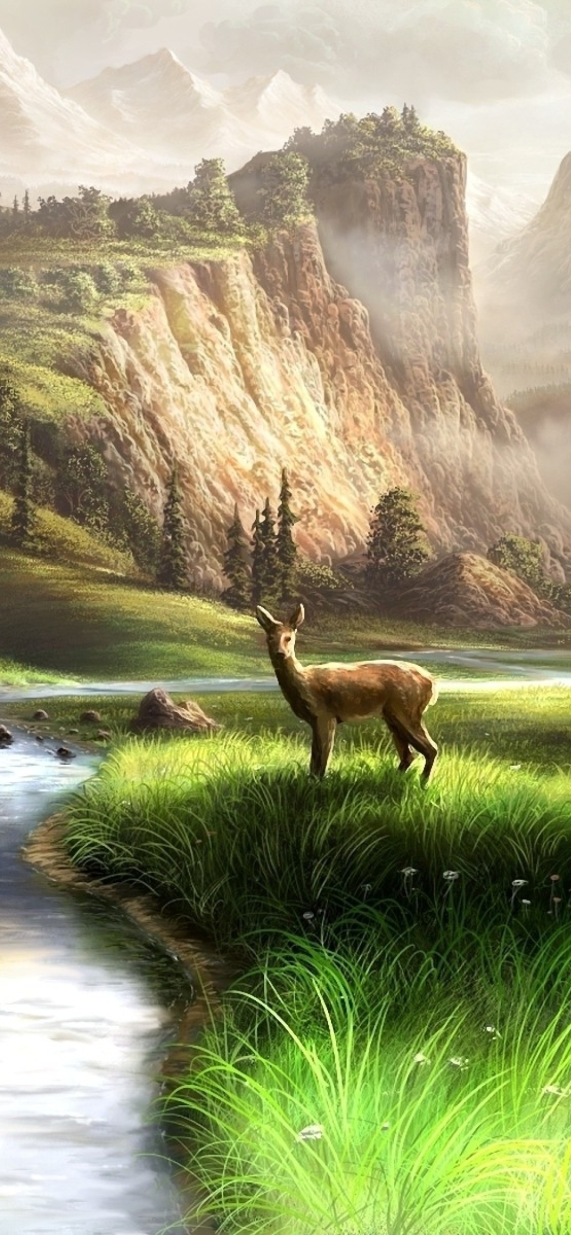 Sfondi Deer At Mountain River 1170x2532