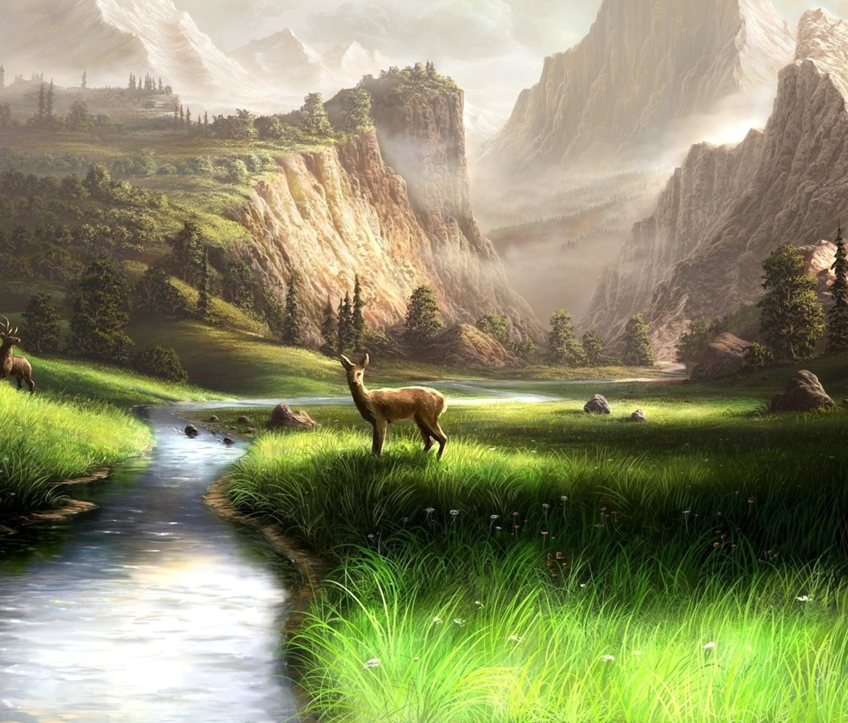 Das Deer At Mountain River Wallpaper 1200x1024
