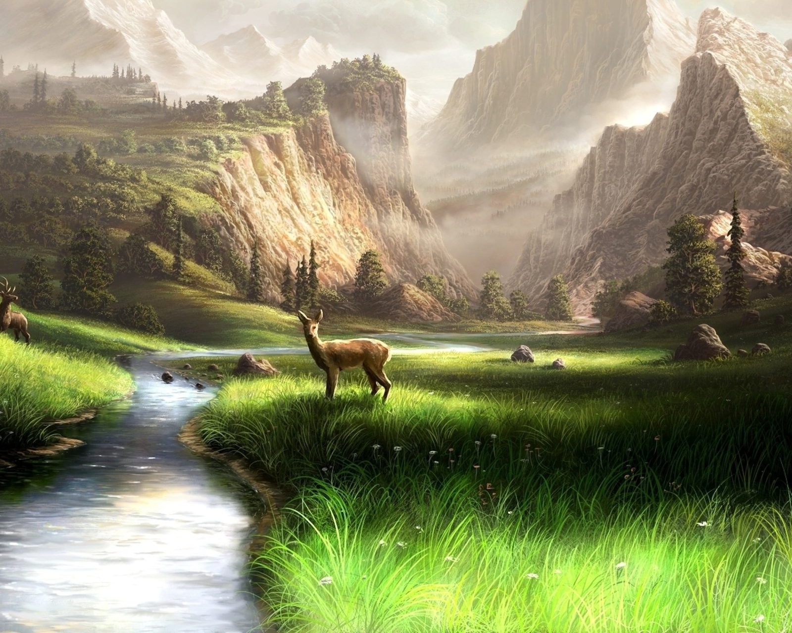 Fondo de pantalla Deer At Mountain River 1600x1280