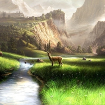 Обои Deer At Mountain River 208x208