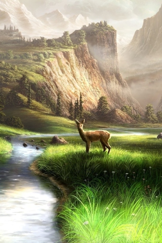 Das Deer At Mountain River Wallpaper 320x480