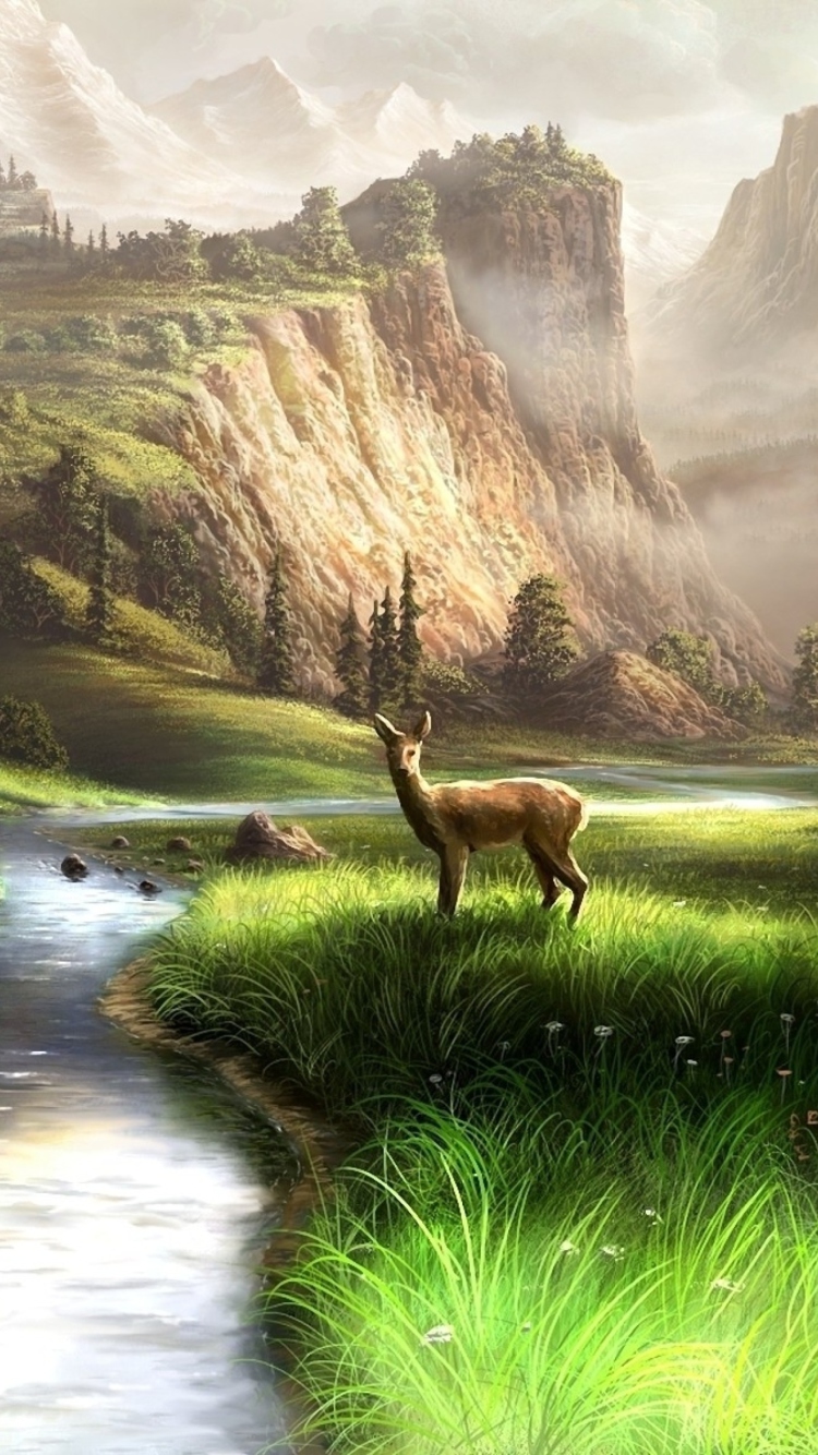Das Deer At Mountain River Wallpaper 750x1334