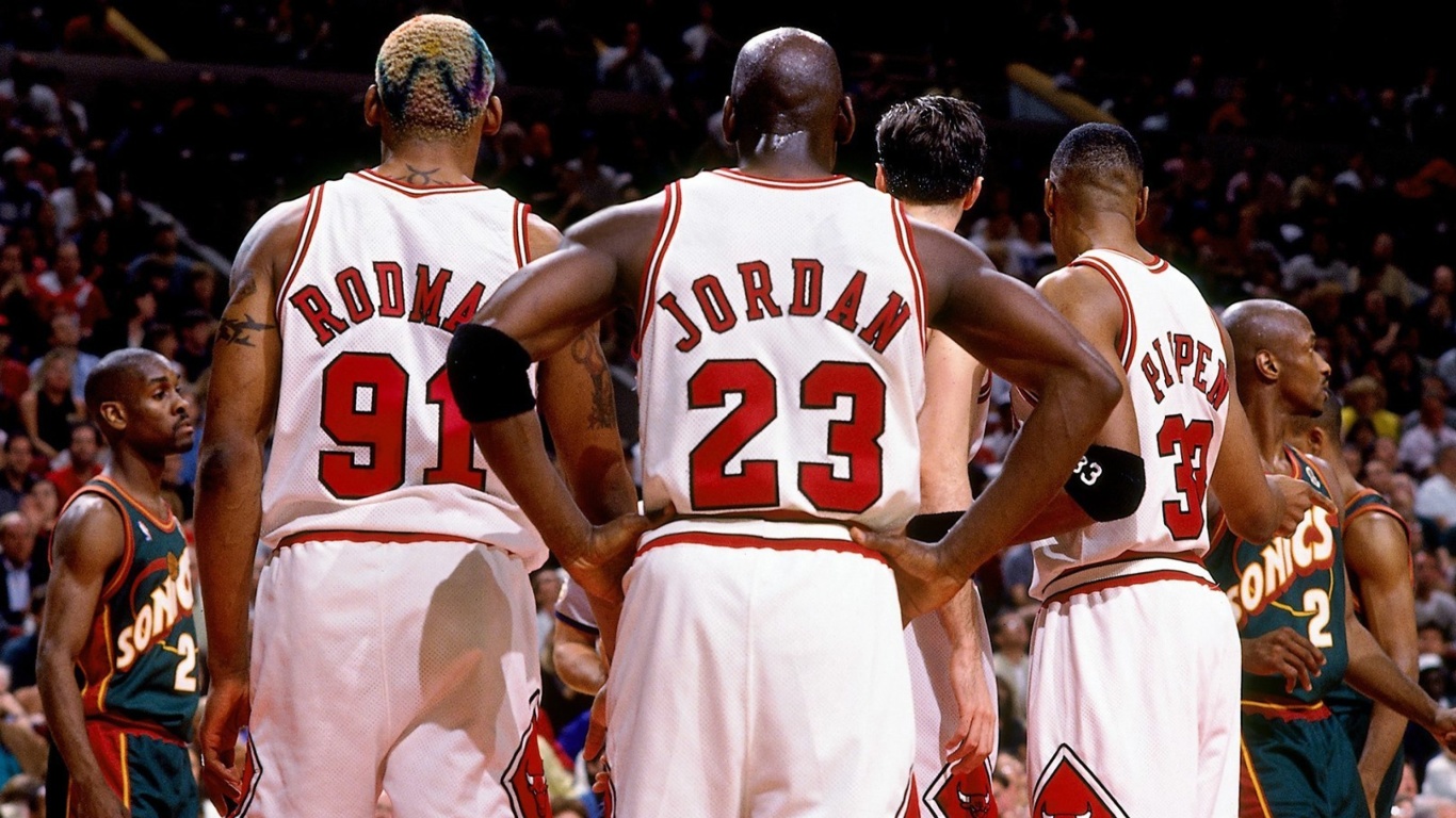 Das Chicago Bulls with Jordan, Pippen, Rodman Wallpaper 1366x768