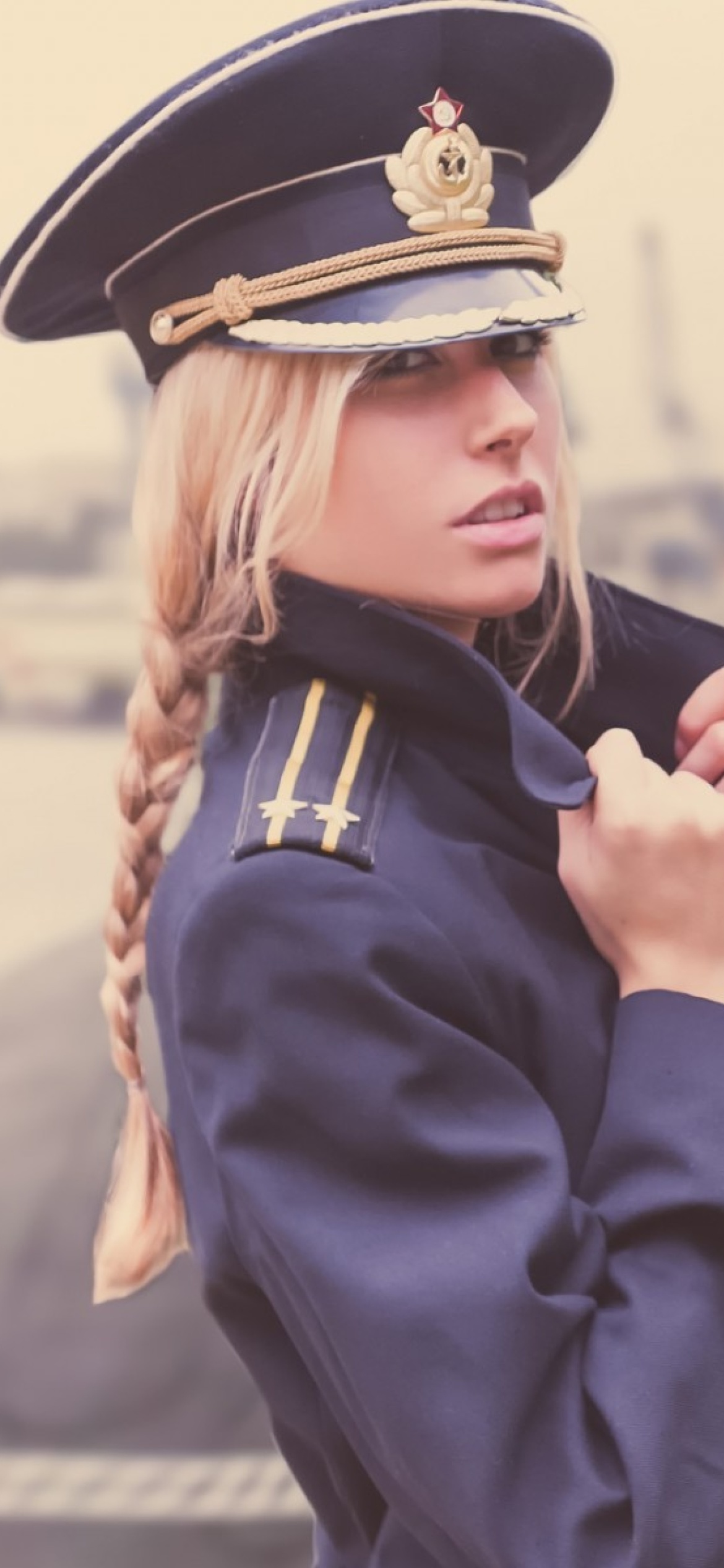Обои Blonde military Girl on Marine Navy 1170x2532