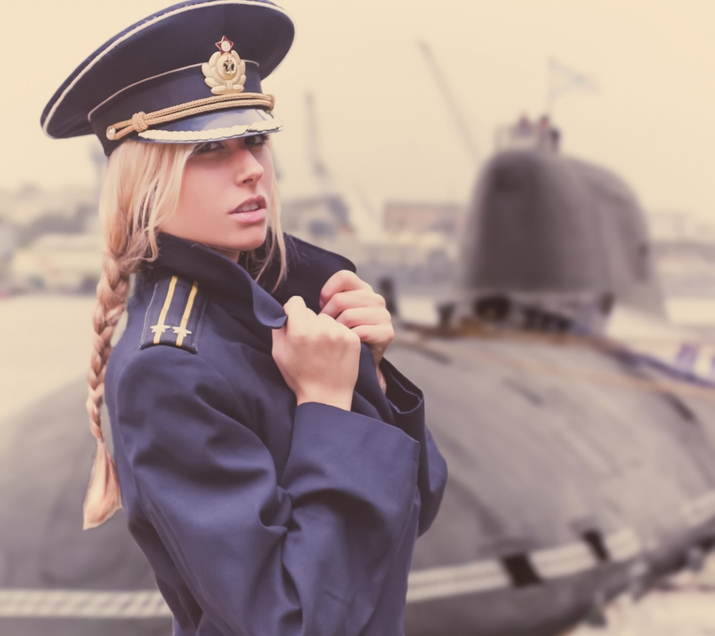 Das Blonde military Girl on Marine Navy Wallpaper 1440x1280