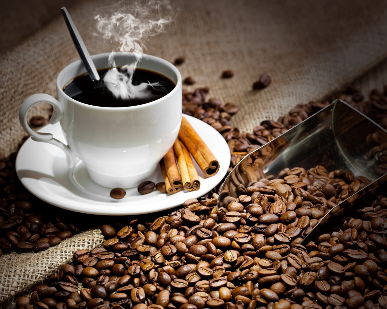 Sfondi Cup Of Hot Coffee And Cinnamon Sticks 1280x1024