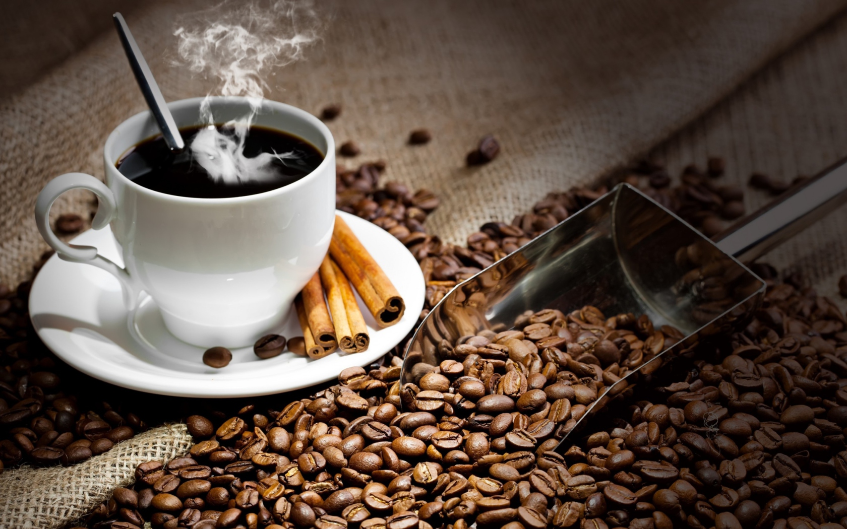Sfondi Cup Of Hot Coffee And Cinnamon Sticks 1680x1050