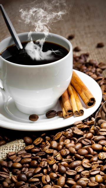 Обои Cup Of Hot Coffee And Cinnamon Sticks 360x640