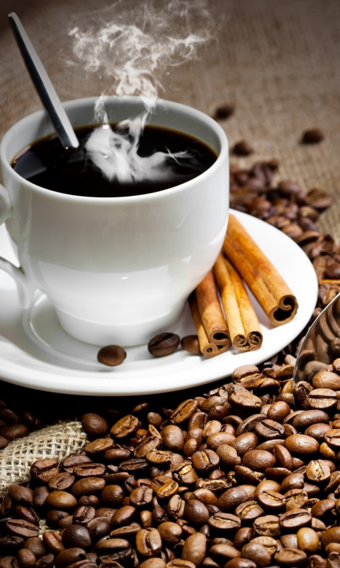 Обои Cup Of Hot Coffee And Cinnamon Sticks 480x800