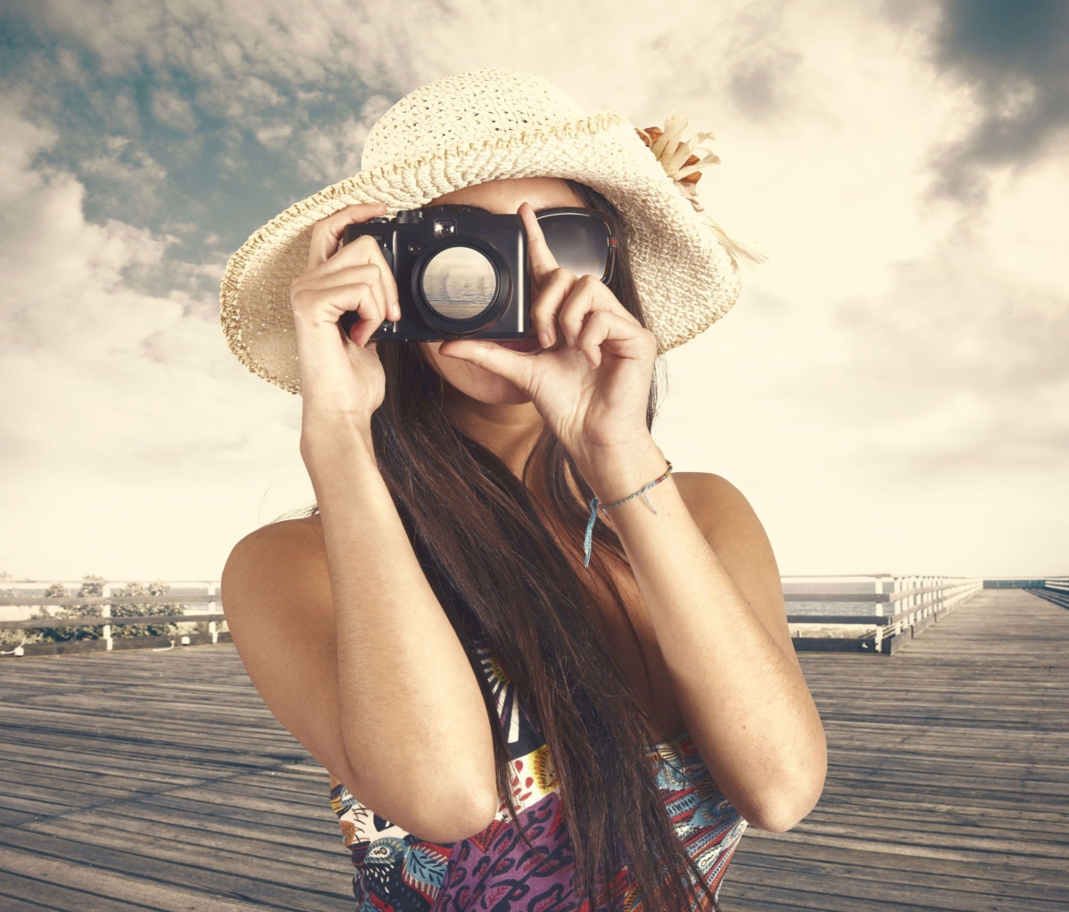 Cute Photographer In Straw Hat wallpaper 1200x1024