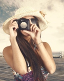 Cute Photographer In Straw Hat wallpaper 128x160