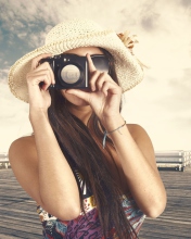 Cute Photographer In Straw Hat wallpaper 176x220