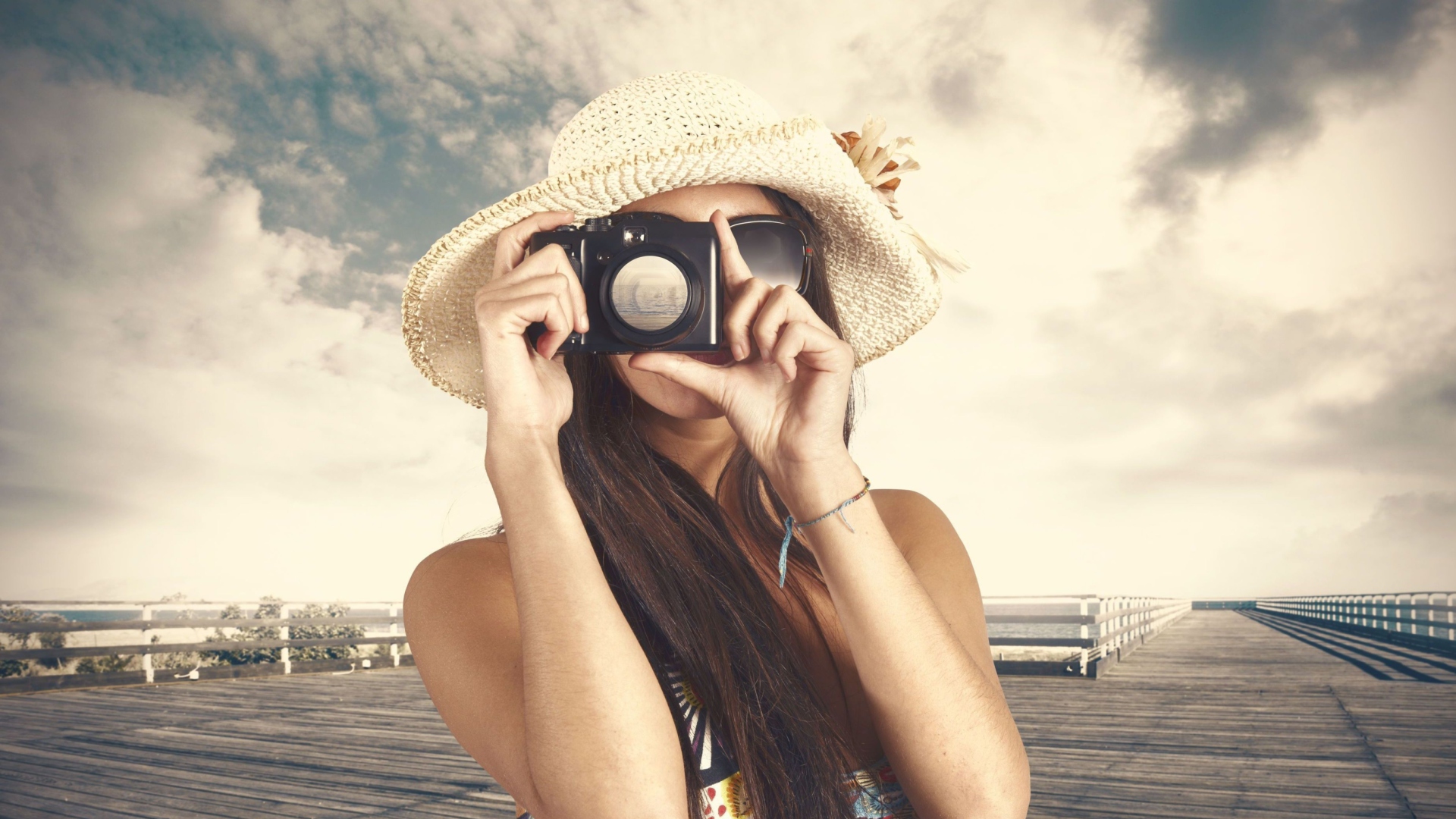 Cute Photographer In Straw Hat wallpaper 1920x1080