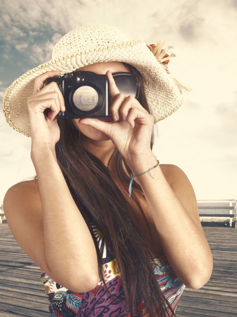 Cute Photographer In Straw Hat wallpaper 480x640