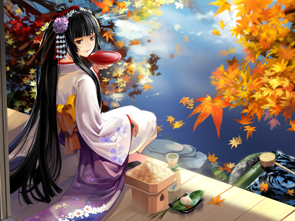Fondo de pantalla Autumn Kimono Anime Girl 1024x768