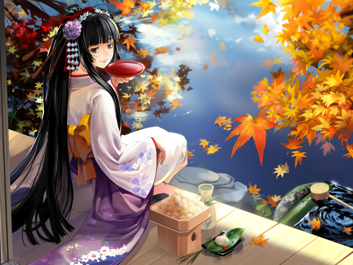 Sfondi Autumn Kimono Anime Girl 1152x864