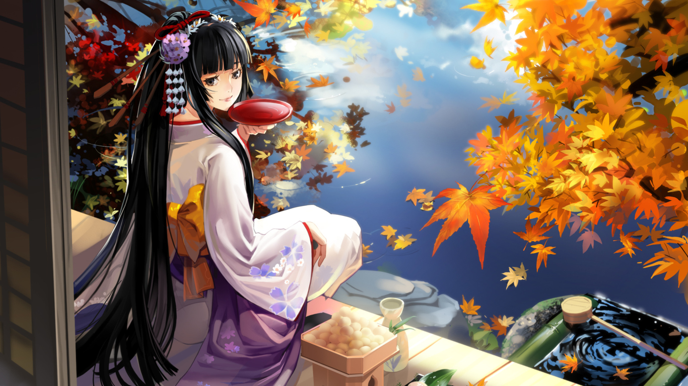 Das Autumn Kimono Anime Girl Wallpaper 1366x768