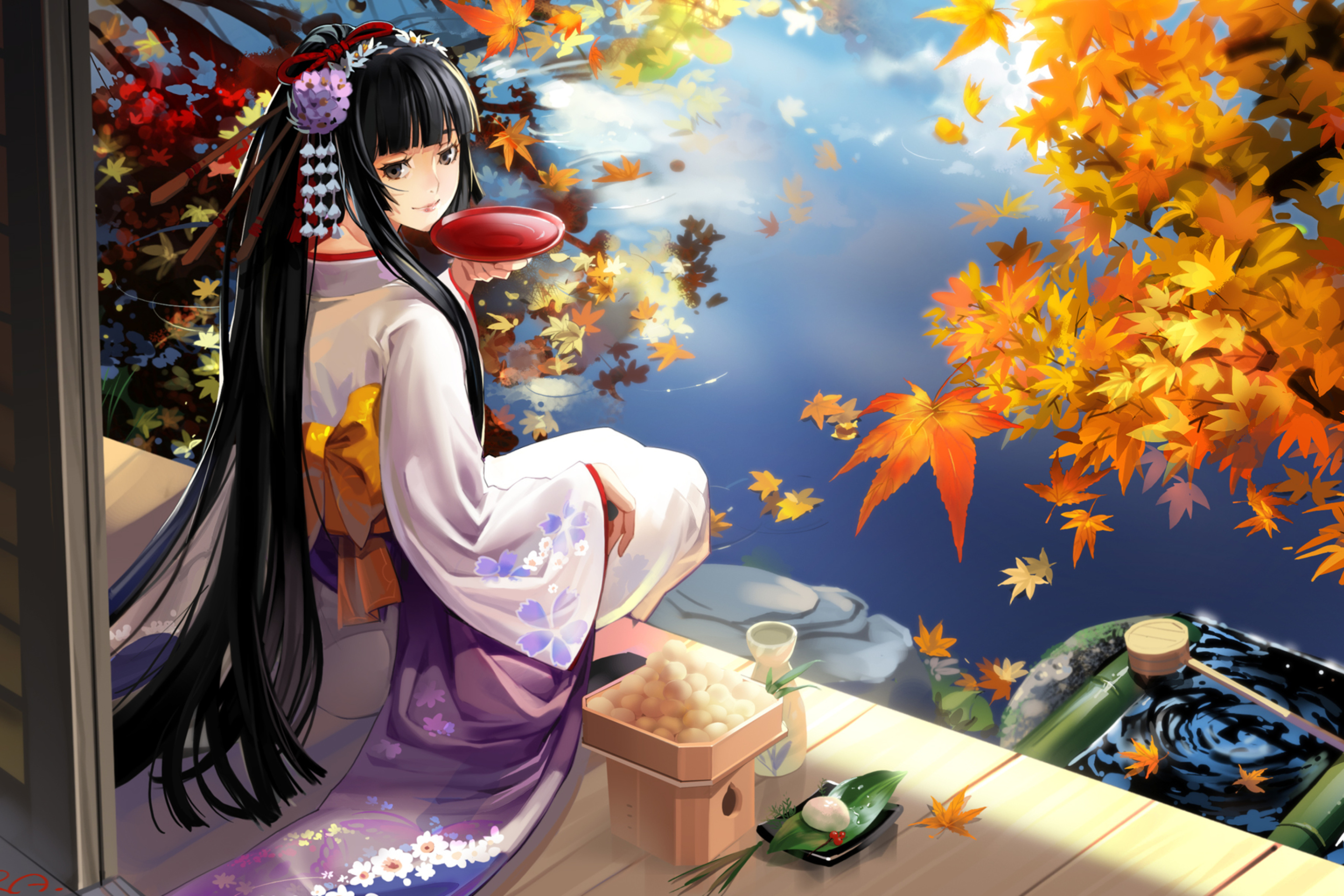 Обои Autumn Kimono Anime Girl 2880x1920