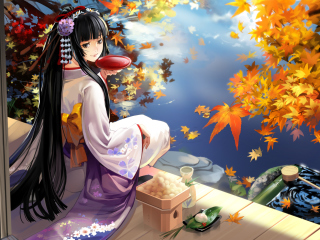 Das Autumn Kimono Anime Girl Wallpaper 320x240
