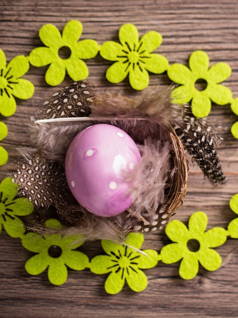 Das Purple Egg, Feathers And Green Flowers Wallpaper 480x640
