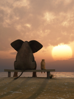 Das Elephant And Dog Looking At Sunset Wallpaper 240x320