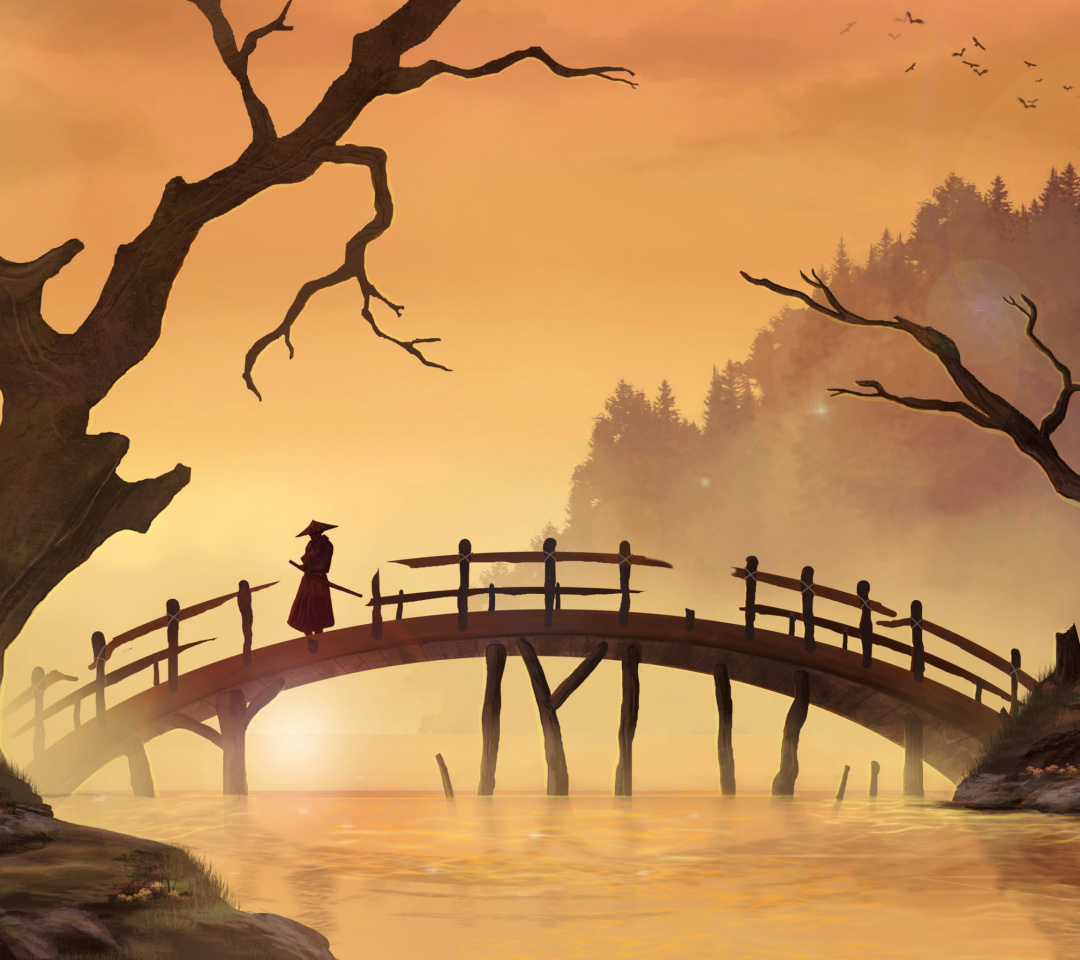 Samurai on Bridge wallpaper 1080x960
