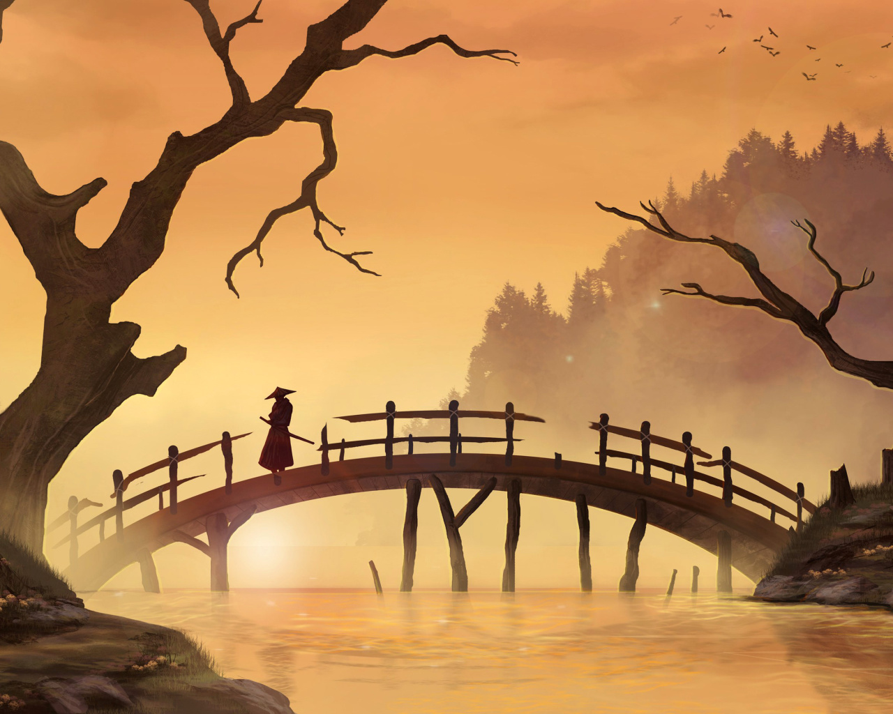 Fondo de pantalla Samurai on Bridge 1280x1024
