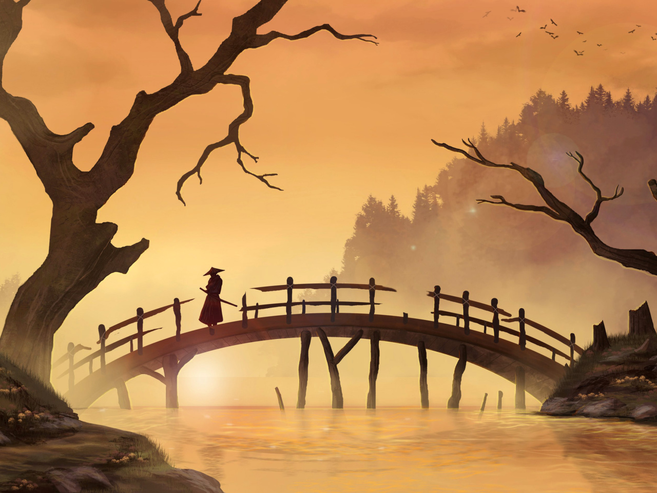 Samurai on Bridge wallpaper 1280x960