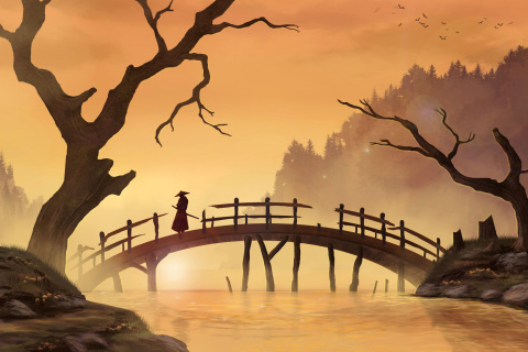 Fondo de pantalla Samurai on Bridge 480x320
