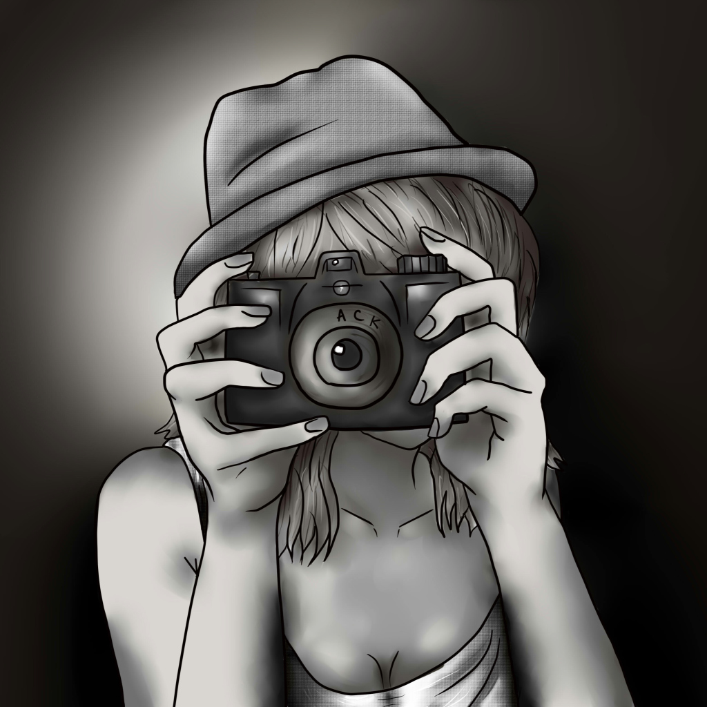 Das Black And White Drawing Of Girl With Camera Wallpaper 1024x1024