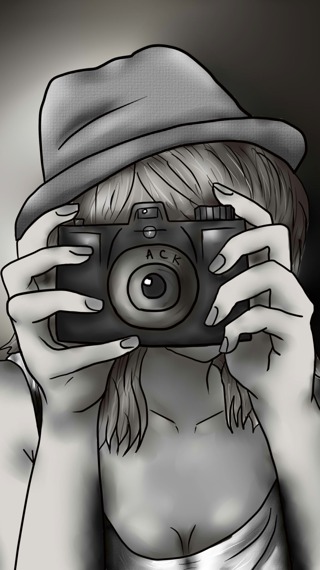 Black And White Drawing Of Girl With Camera wallpaper 1080x1920