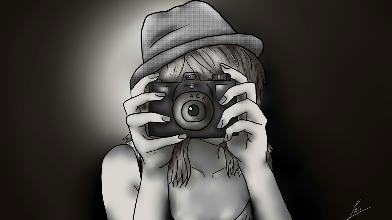 Black And White Drawing Of Girl With Camera screenshot #1 1280x720