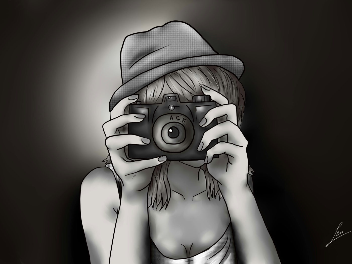 Das Black And White Drawing Of Girl With Camera Wallpaper 1400x1050