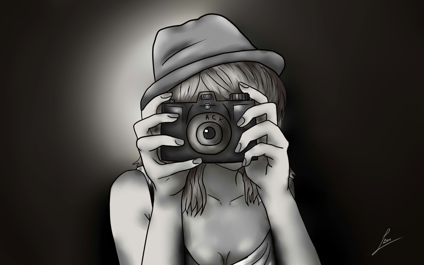 Black And White Drawing Of Girl With Camera wallpaper 1440x900