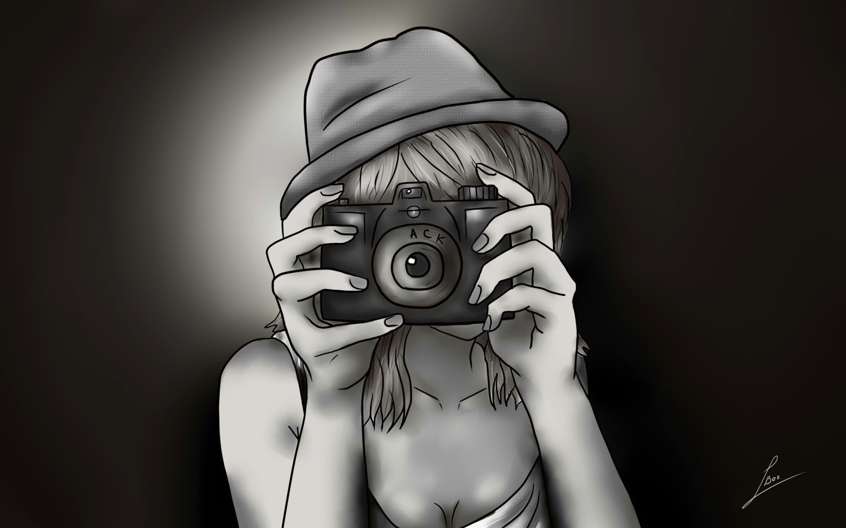 Black And White Drawing Of Girl With Camera wallpaper 1680x1050