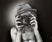 Das Black And White Drawing Of Girl With Camera Wallpaper 176x144