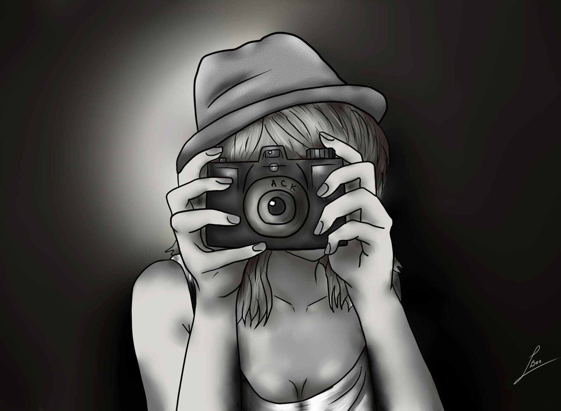 Обои Black And White Drawing Of Girl With Camera 1920x1408