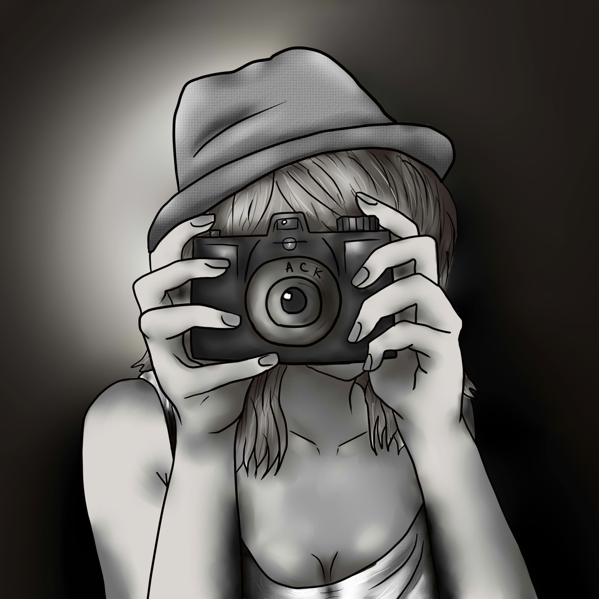 Black And White Drawing Of Girl With Camera wallpaper 2048x2048