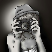 Black And White Drawing Of Girl With Camera wallpaper 208x208