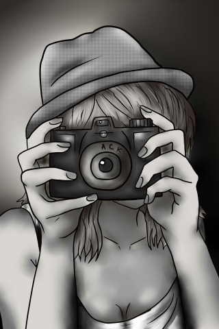 Sfondi Black And White Drawing Of Girl With Camera 320x480