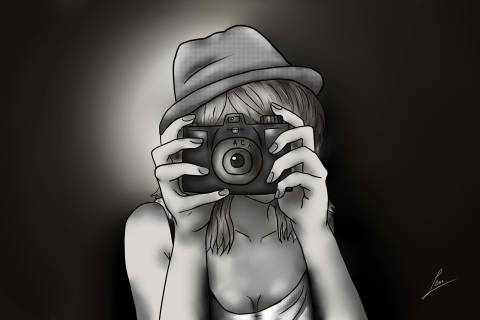 Black And White Drawing Of Girl With Camera wallpaper 480x320