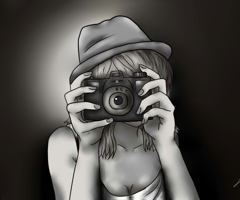 Das Black And White Drawing Of Girl With Camera Wallpaper 480x400