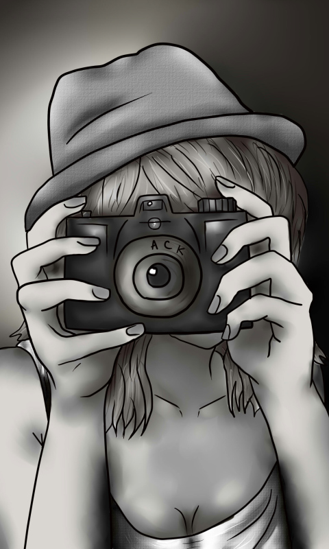 Das Black And White Drawing Of Girl With Camera Wallpaper 480x800