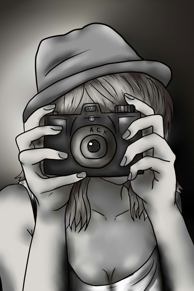 Black And White Drawing Of Girl With Camera wallpaper 640x960